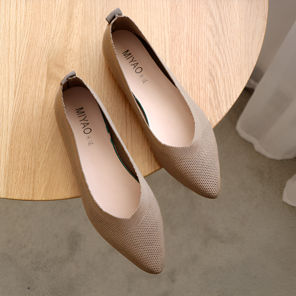 Natalie Fontvielle | Pointed Toe Knit Ballet Flats in Beige