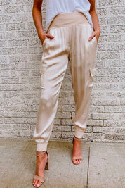 Céline Beauchamp | High Waist Satin Cargo Jogger Pants in Champagne