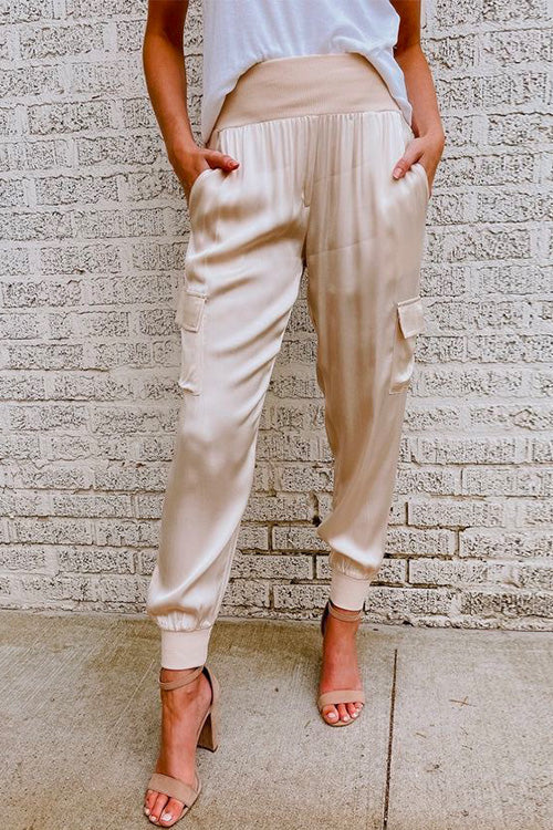 Céline Beauchamp | High Waist Satin Cargo Jogger Pants in Champagne