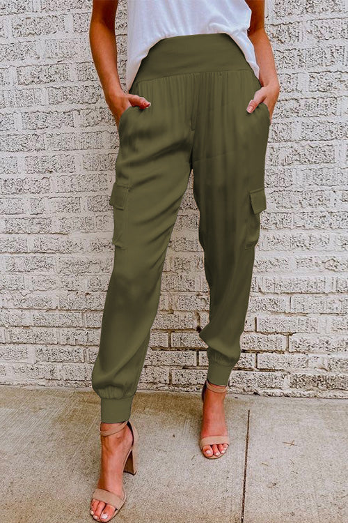 Céline Beauchamp | High Waist Satin Cargo Jogger Pants in Champagne