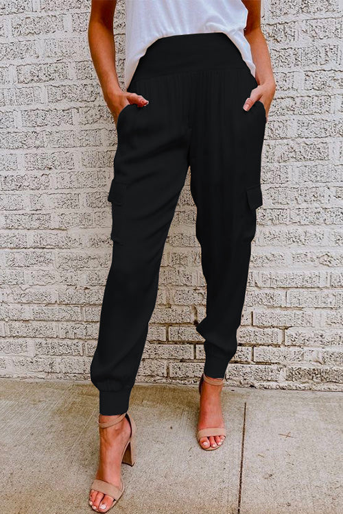 Céline Beauchamp | High Waist Satin Cargo Jogger Pants in Champagne