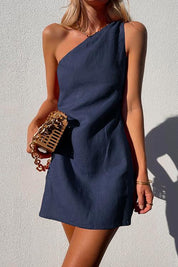 Isabella Moretti | One Shoulder Linen Mini Dress For Women