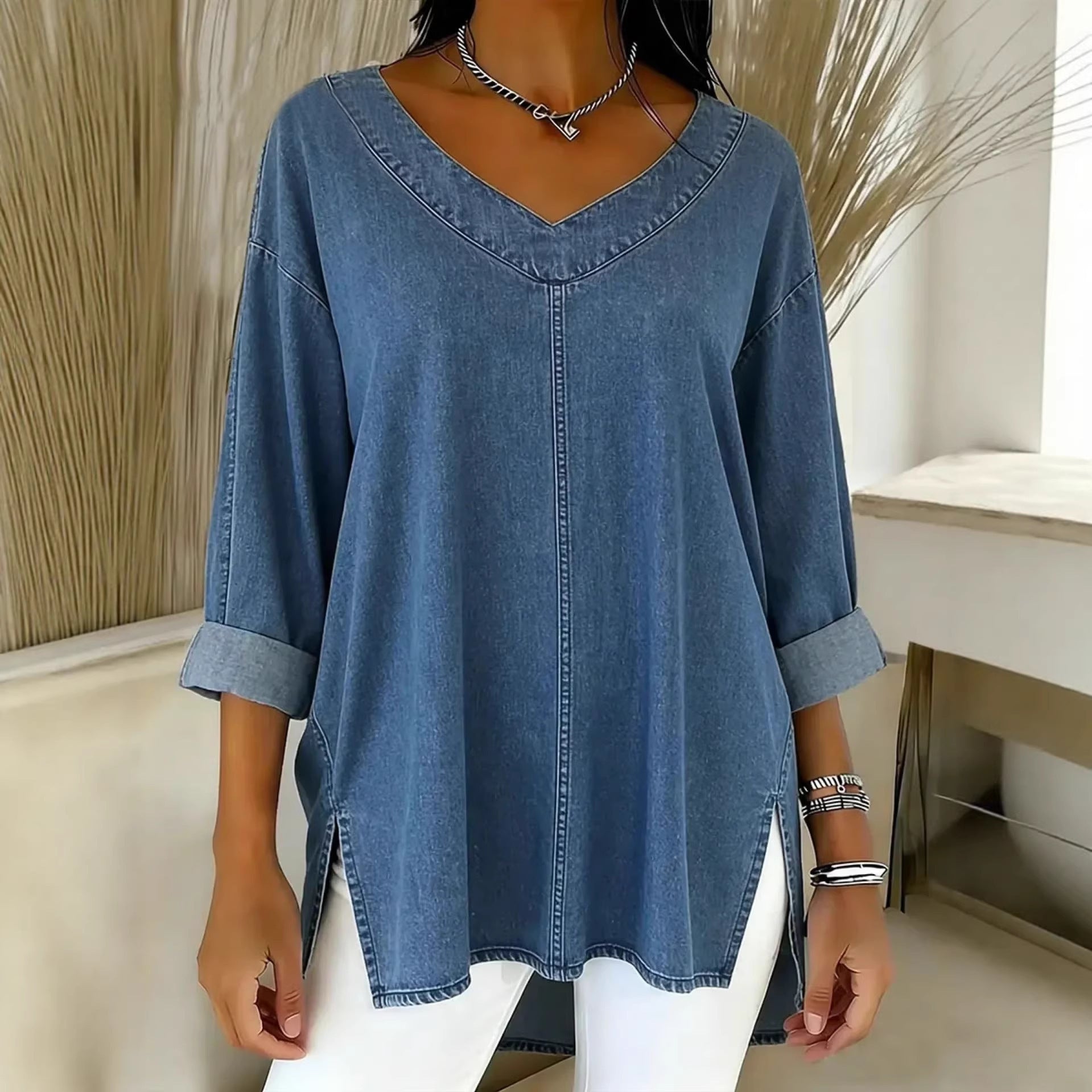 Amelia Kensington | Denim V-Neck Blouse For Women