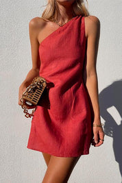 Isabella Moretti | One Shoulder Linen Mini Dress For Women