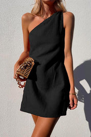 Isabella Moretti | One Shoulder Linen Mini Dress For Women