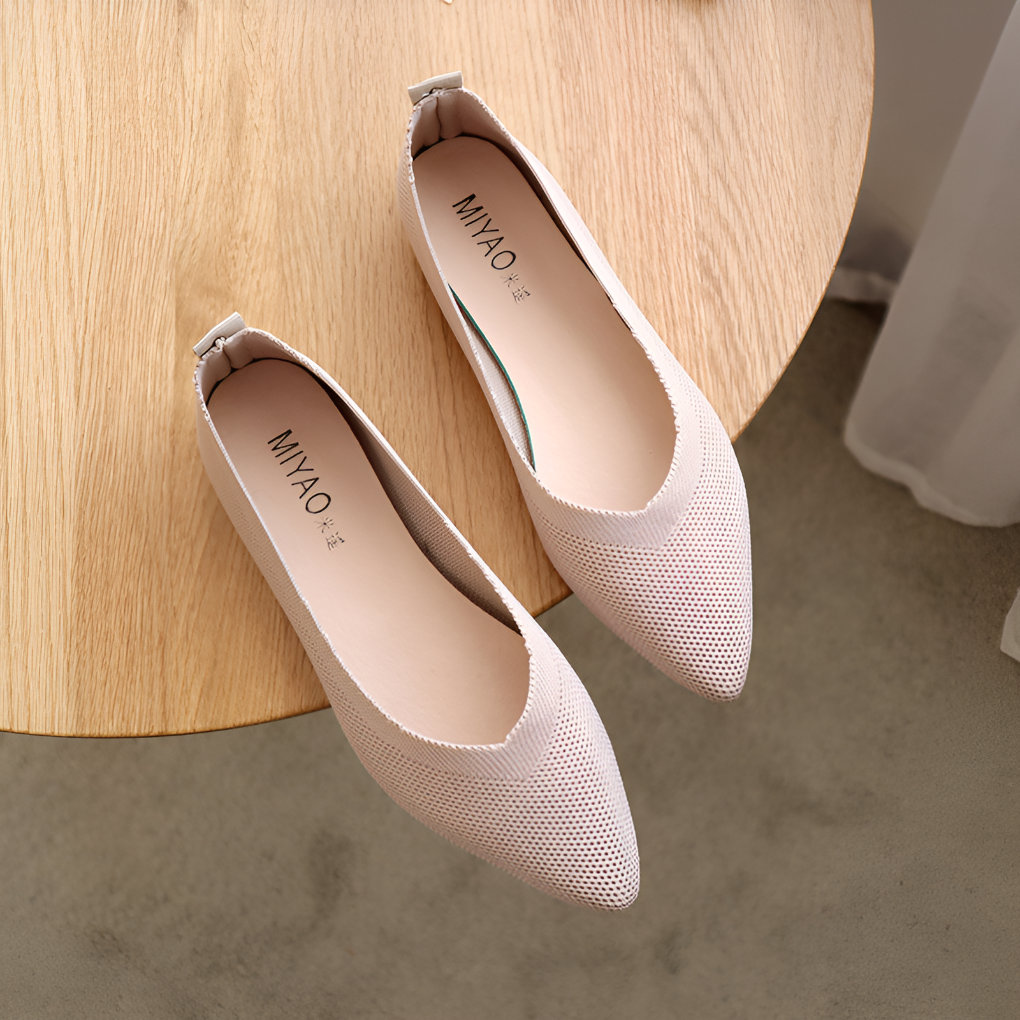Natalie Fontvielle | Pointed Toe Knit Ballet Flats in Beige