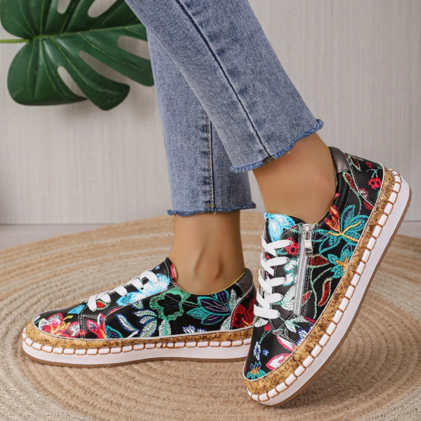 Lucienne Morel | Floral Zip Lace-Up Sneakers For Women