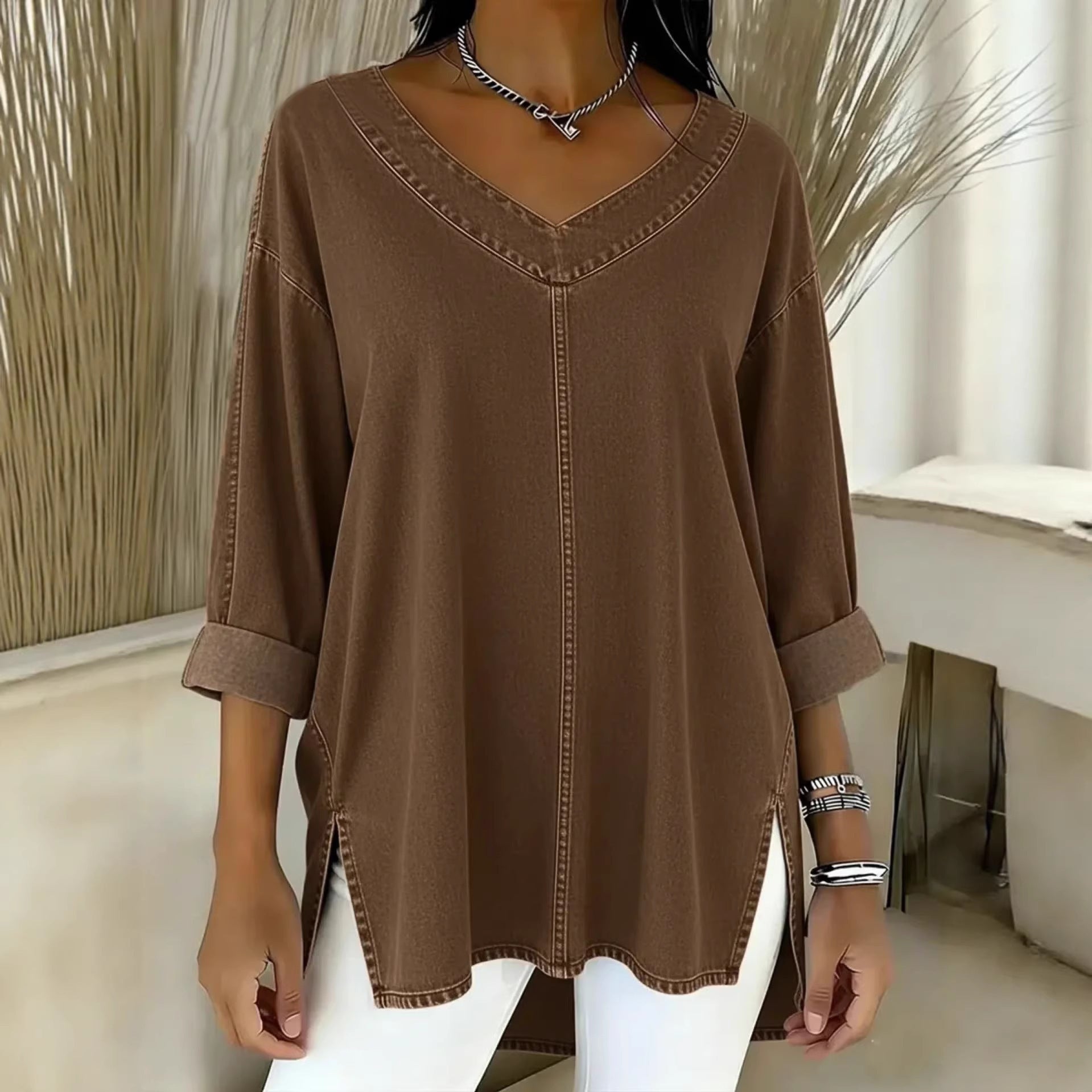Amelia Kensington | Denim V-Neck Blouse For Women