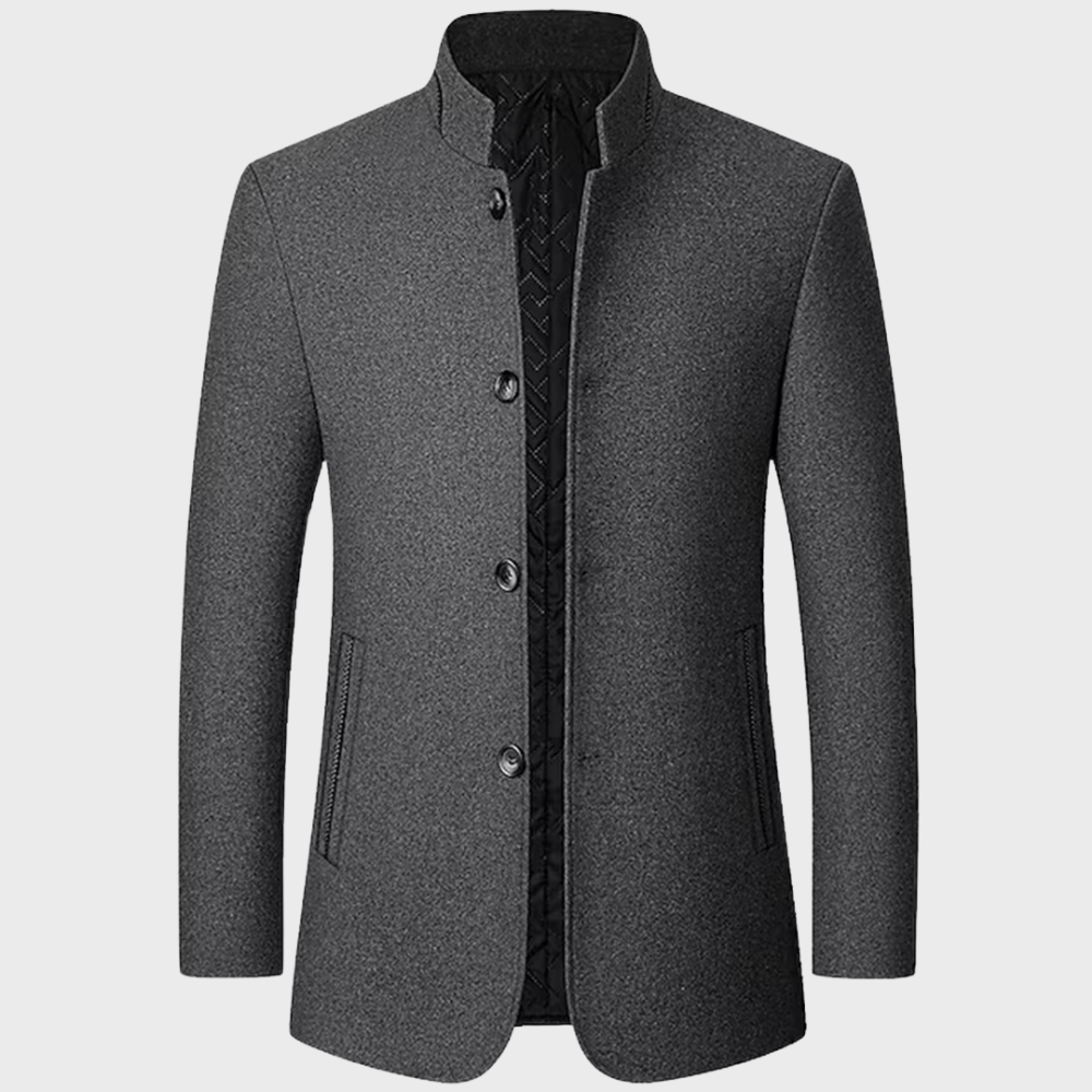 Edmund Fairvale | Men's Grey Wool Blend Stand Collar Coat