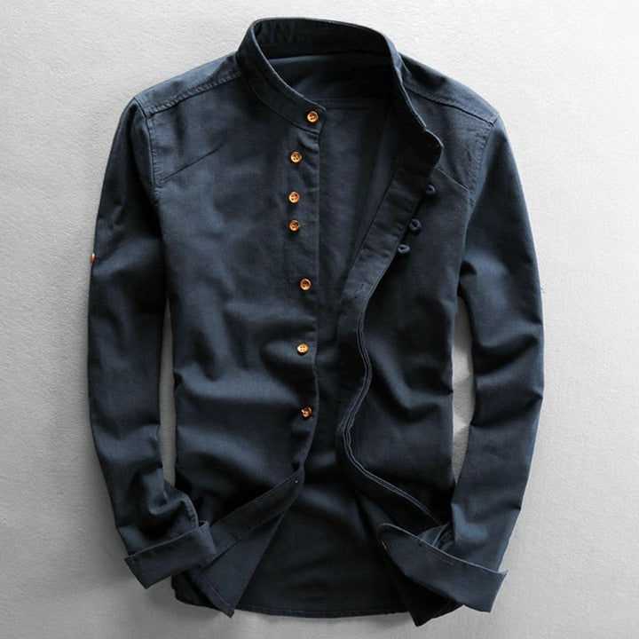 Giacomo Renaldi | Navy Mandarin Collar Linen Shirt for Men