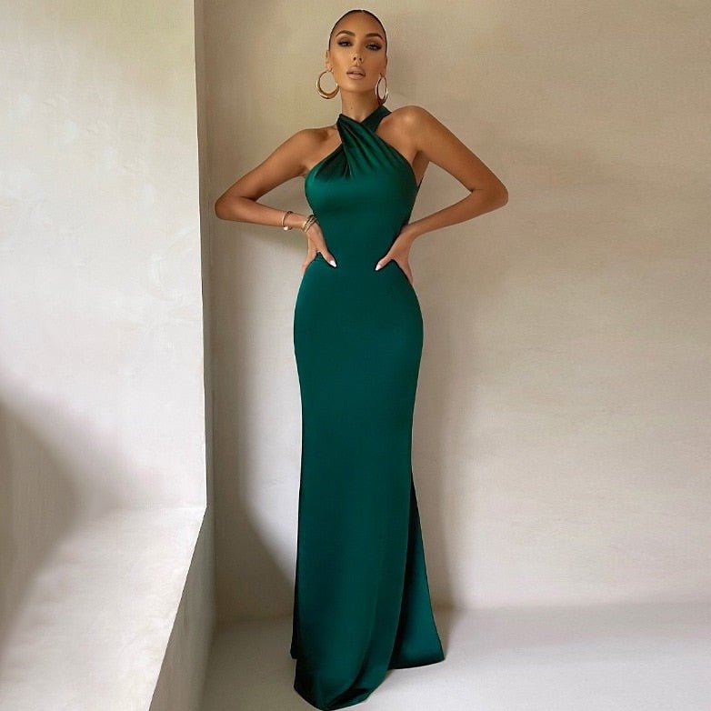 Vivienne Castelle | Emerald Green Halter Maxi Dress for Women