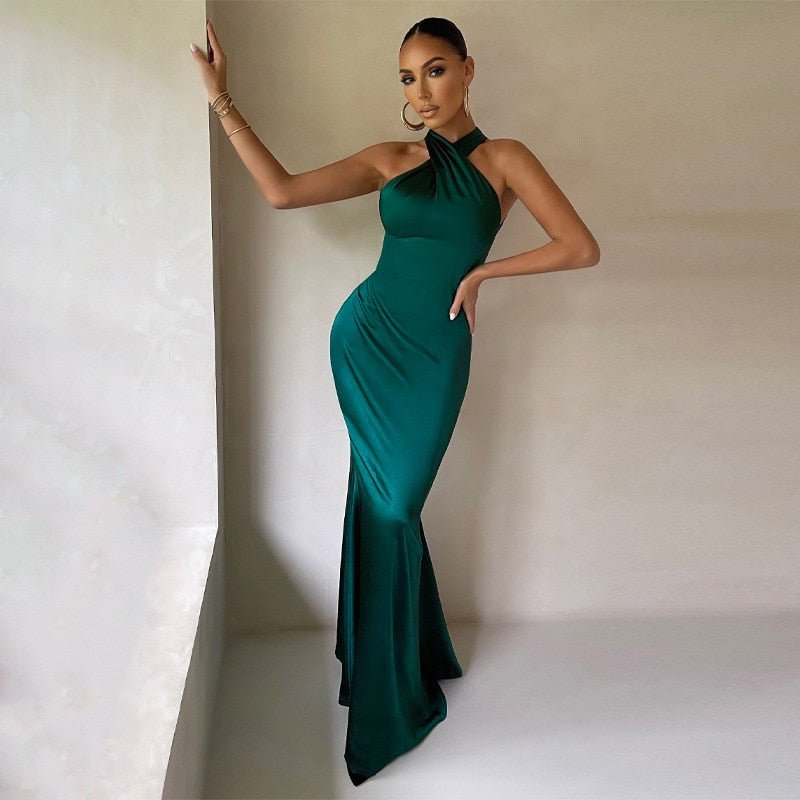 Vivienne Castelle | Emerald Green Halter Maxi Dress for Women