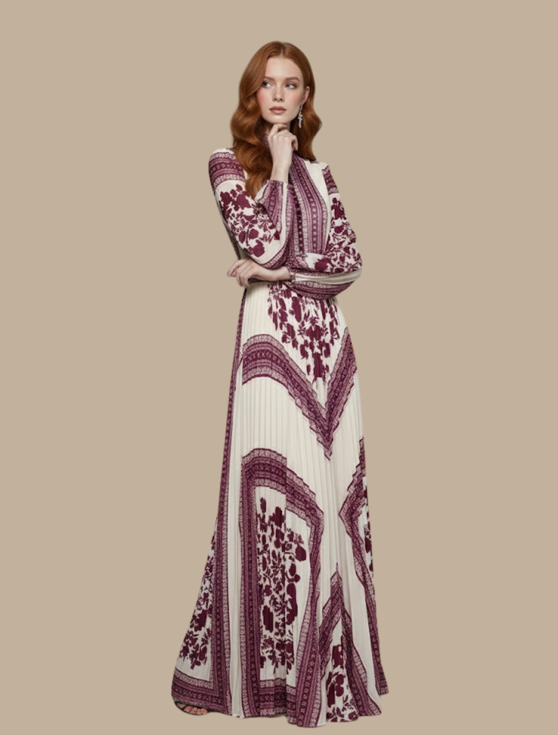 Arabella Saintmere | Women's Pleated Maxi Evening Dress – High Neck Long Sleeve Formal Gown