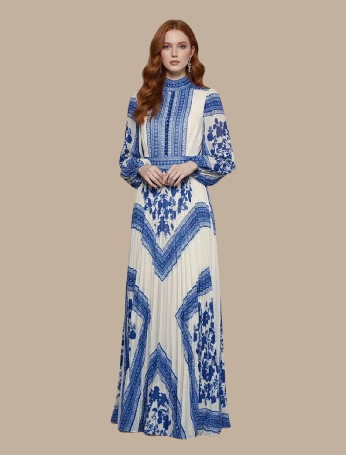 Arabella Saintmere | Women's Pleated Maxi Evening Dress – High Neck Long Sleeve Formal Gown