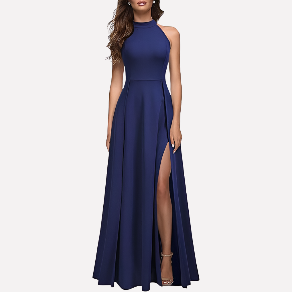 Genevieve Hartwell | Navy Blue Halter Maxi Dress with Thigh Slit