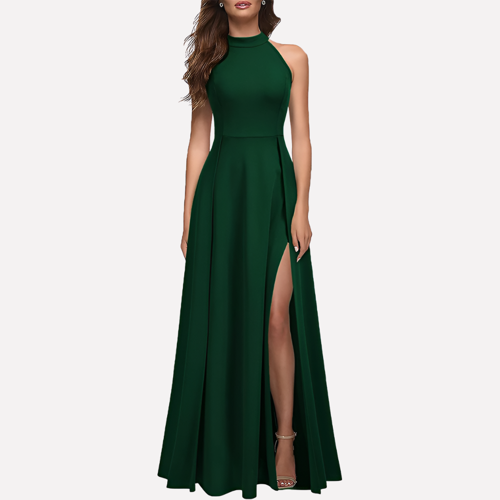 Genevieve Hartwell | Navy Blue Halter Maxi Dress with Thigh Slit