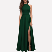 Genevieve Hartwell | Navy Blue Halter Maxi Dress with Thigh Slit