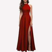 Genevieve Hartwell | Navy Blue Halter Maxi Dress with Thigh Slit