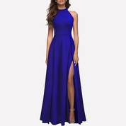 Genevieve Hartwell | Navy Blue Halter Maxi Dress with Thigh Slit