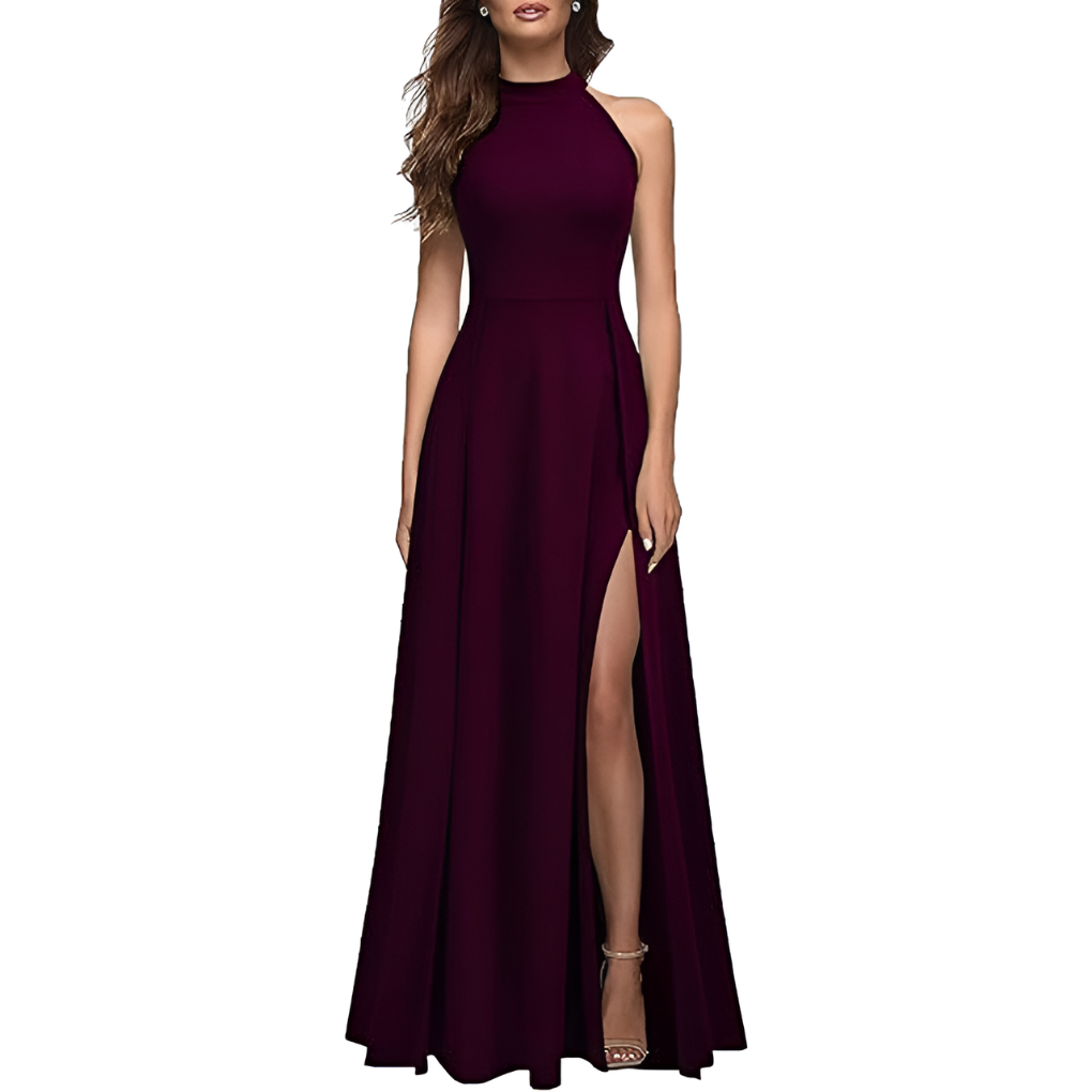 Genevieve Hartwell | Navy Blue Halter Maxi Dress with Thigh Slit