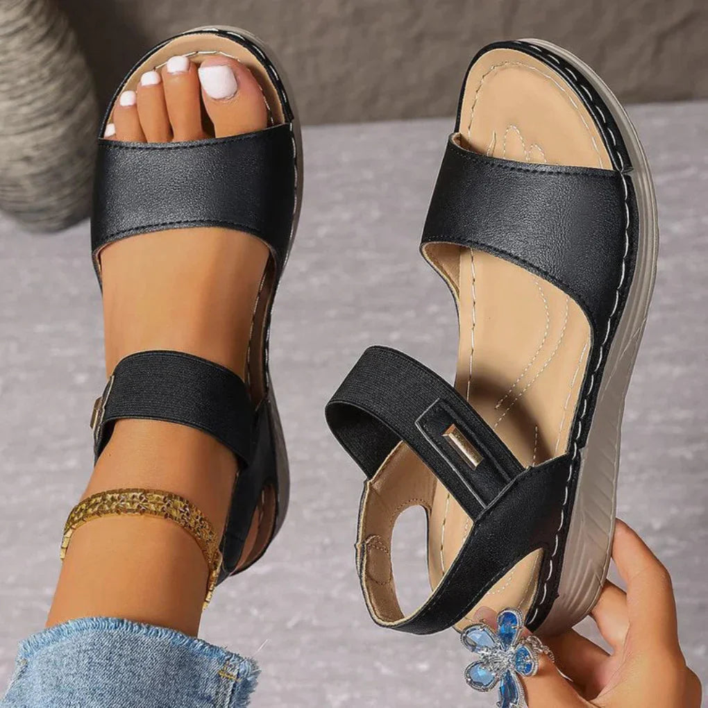 Briseis Hawthorne | Black Wedge Sandals with Ankle Strap