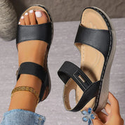 Briseis Hawthorne | Black Wedge Sandals with Ankle Strap