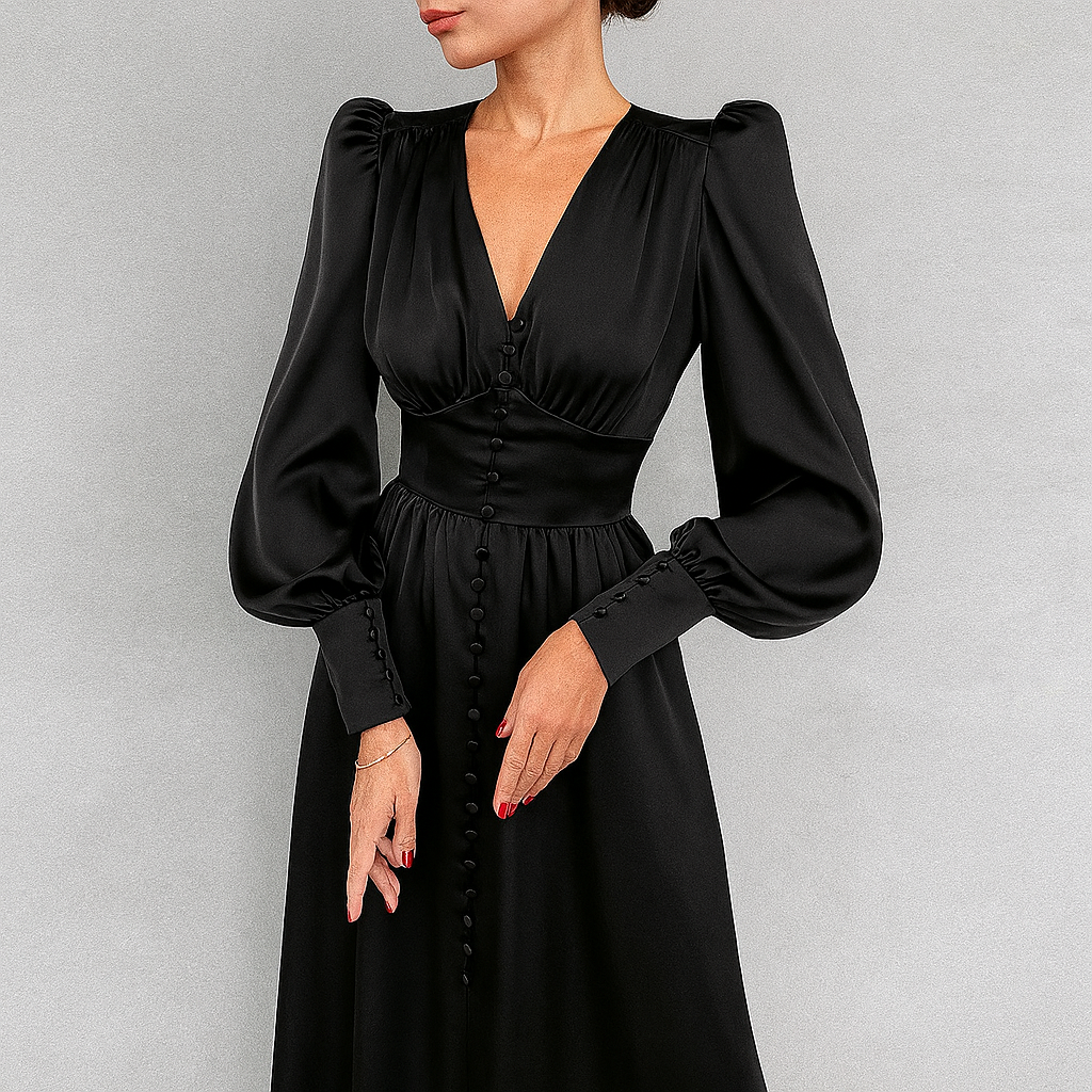 Vivienne Hartwell | Black Satin Puff Sleeve Maxi Dress