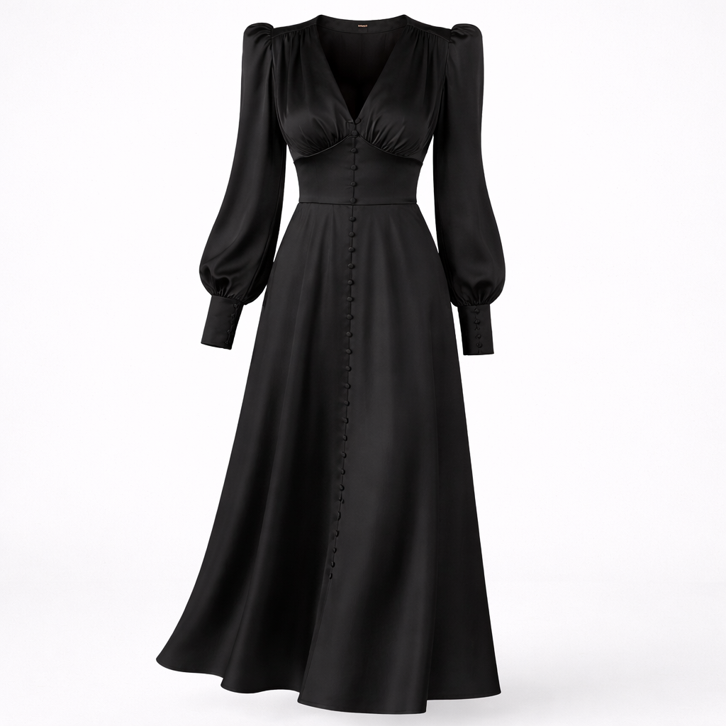 Vivienne Hartwell | Black Satin Puff Sleeve Maxi Dress
