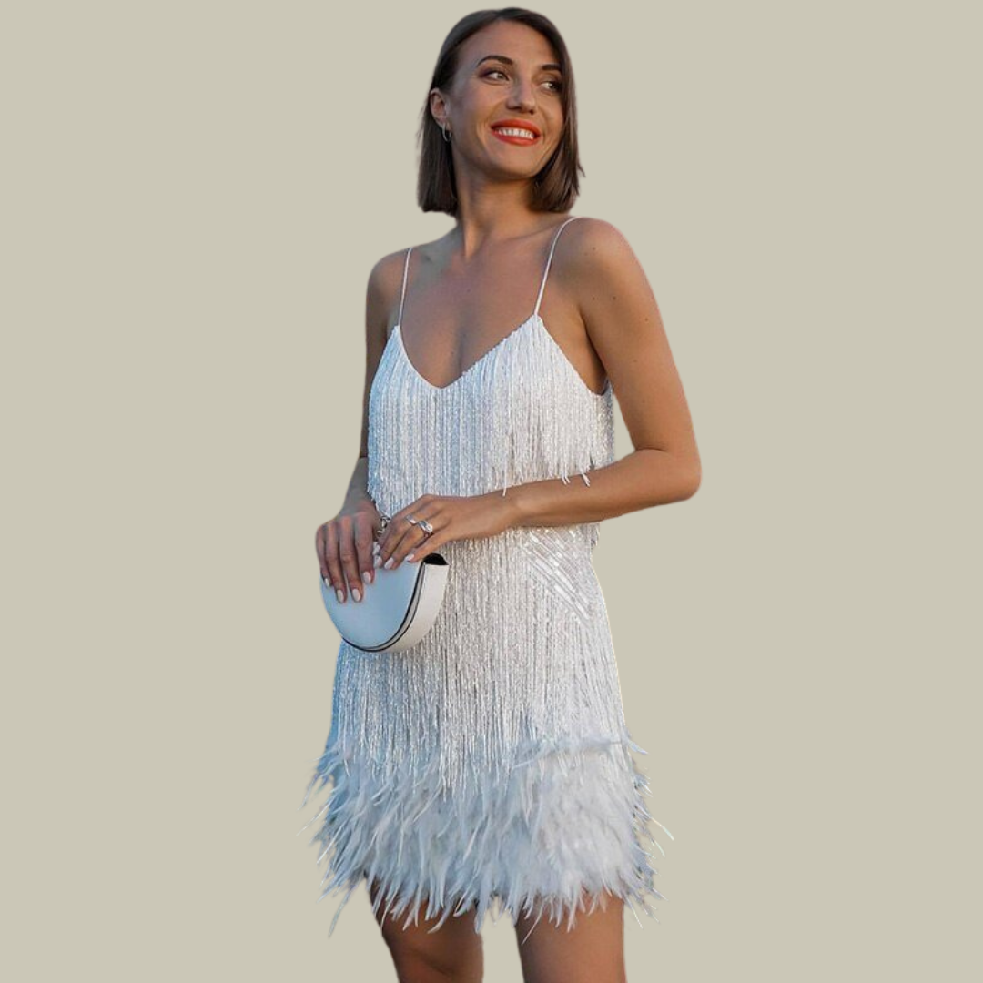 Vivienne Colette | White Fringe & Feather Trim Mini Dress
