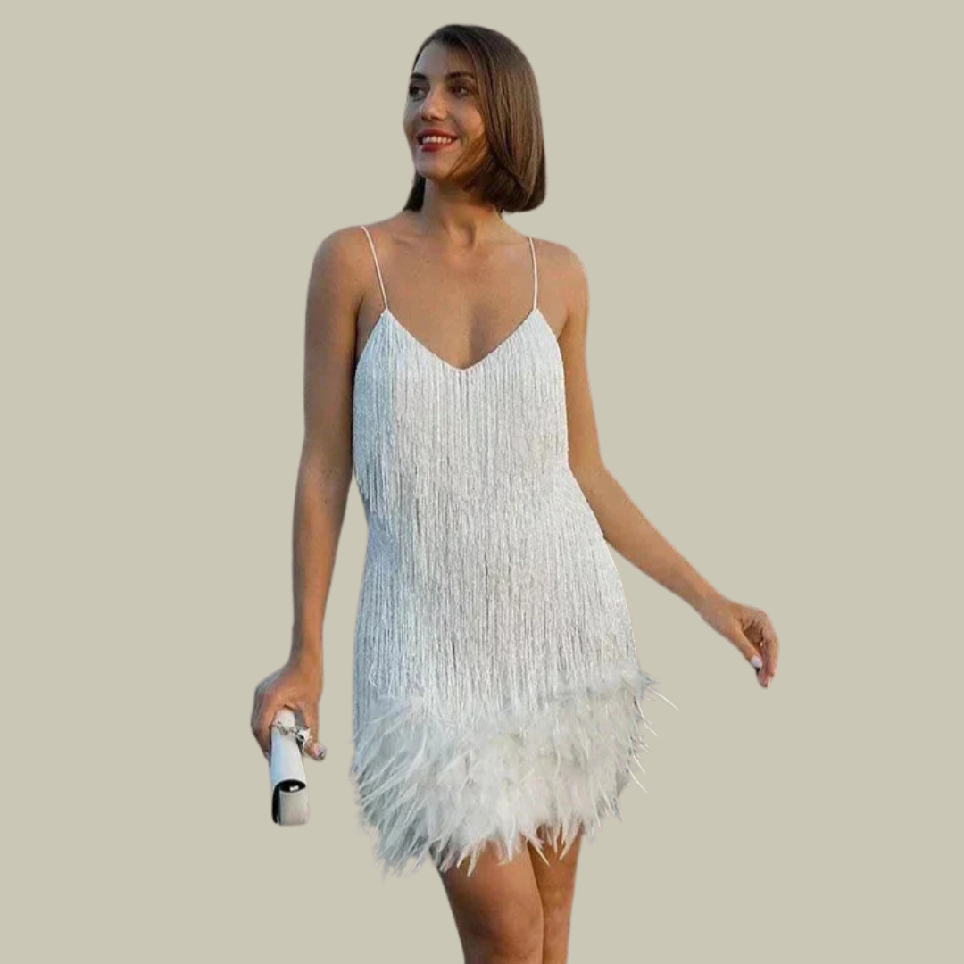 Vivienne Colette | White Fringe & Feather Trim Mini Dress