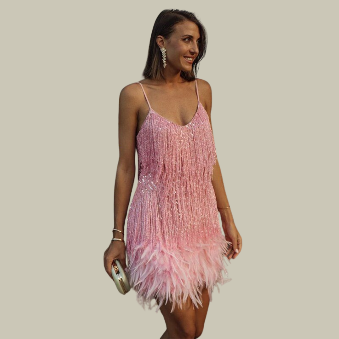 Vivienne Colette | White Fringe & Feather Trim Mini Dress