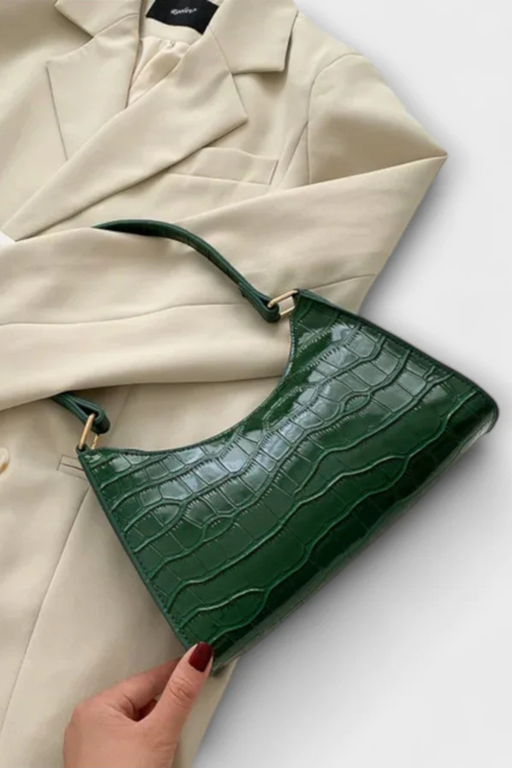 Camille Moretti | Green Croc-Embossed Baguette Shoulder Bag