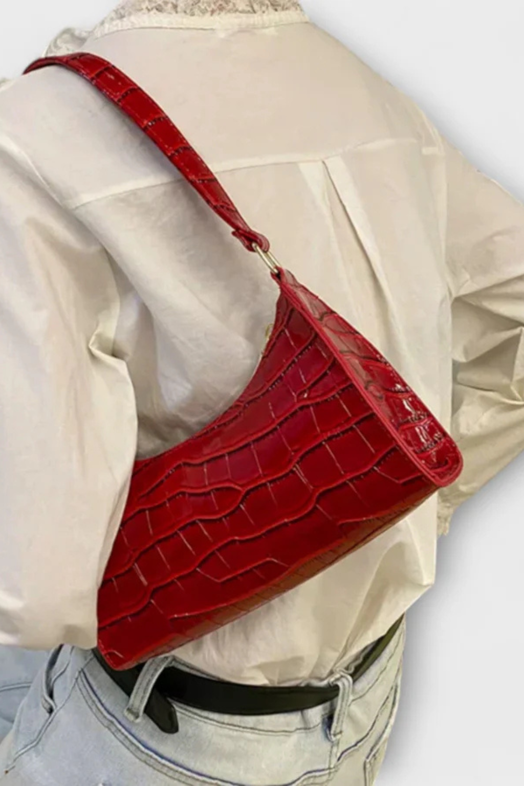 Camille Moretti | Green Croc-Embossed Baguette Shoulder Bag