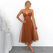 Éloise Vanthorpe | Brown Tulle Corset Midi Dress for Women