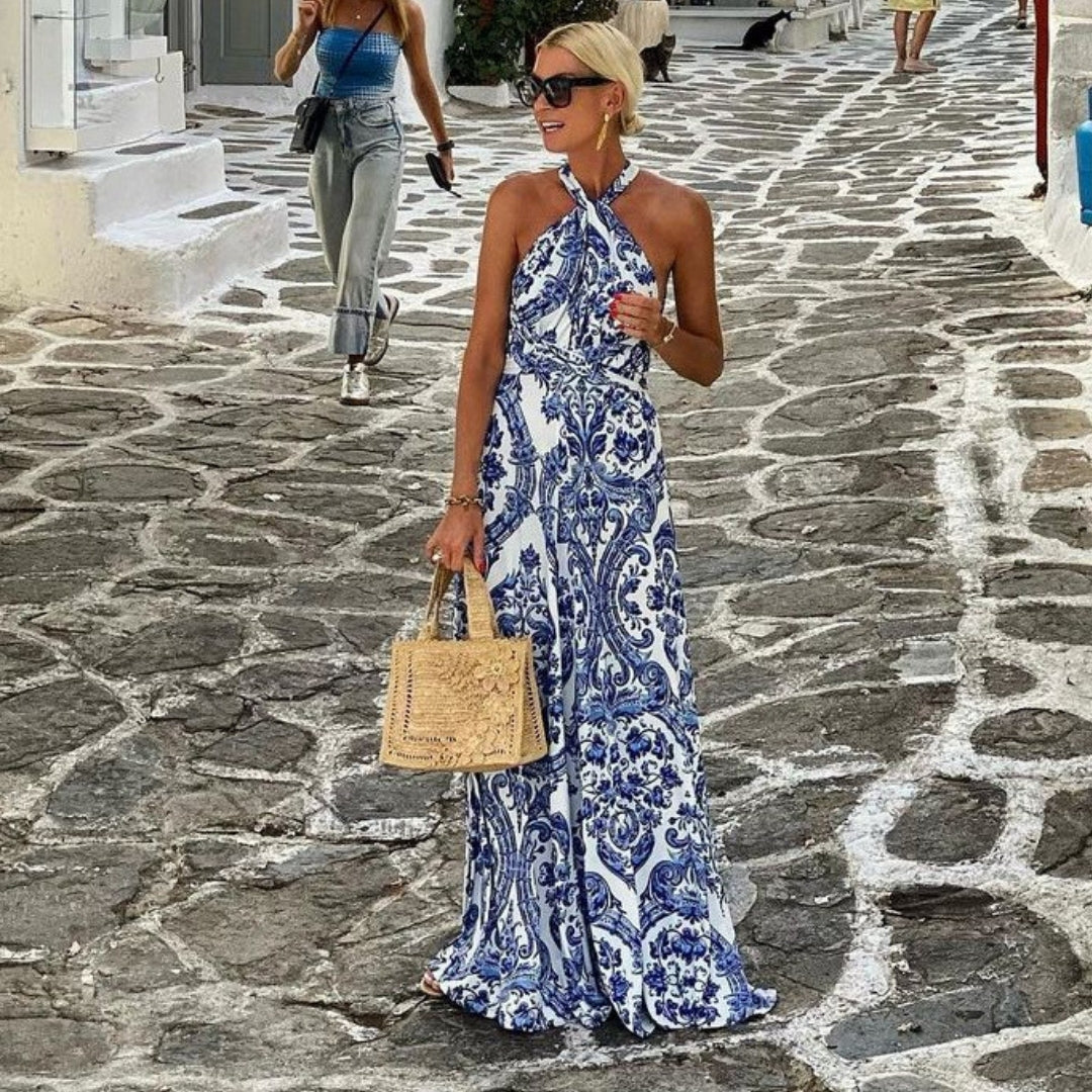 Théodora Wycliffe | Bohemian Blue Halter Neck Maxi Dress