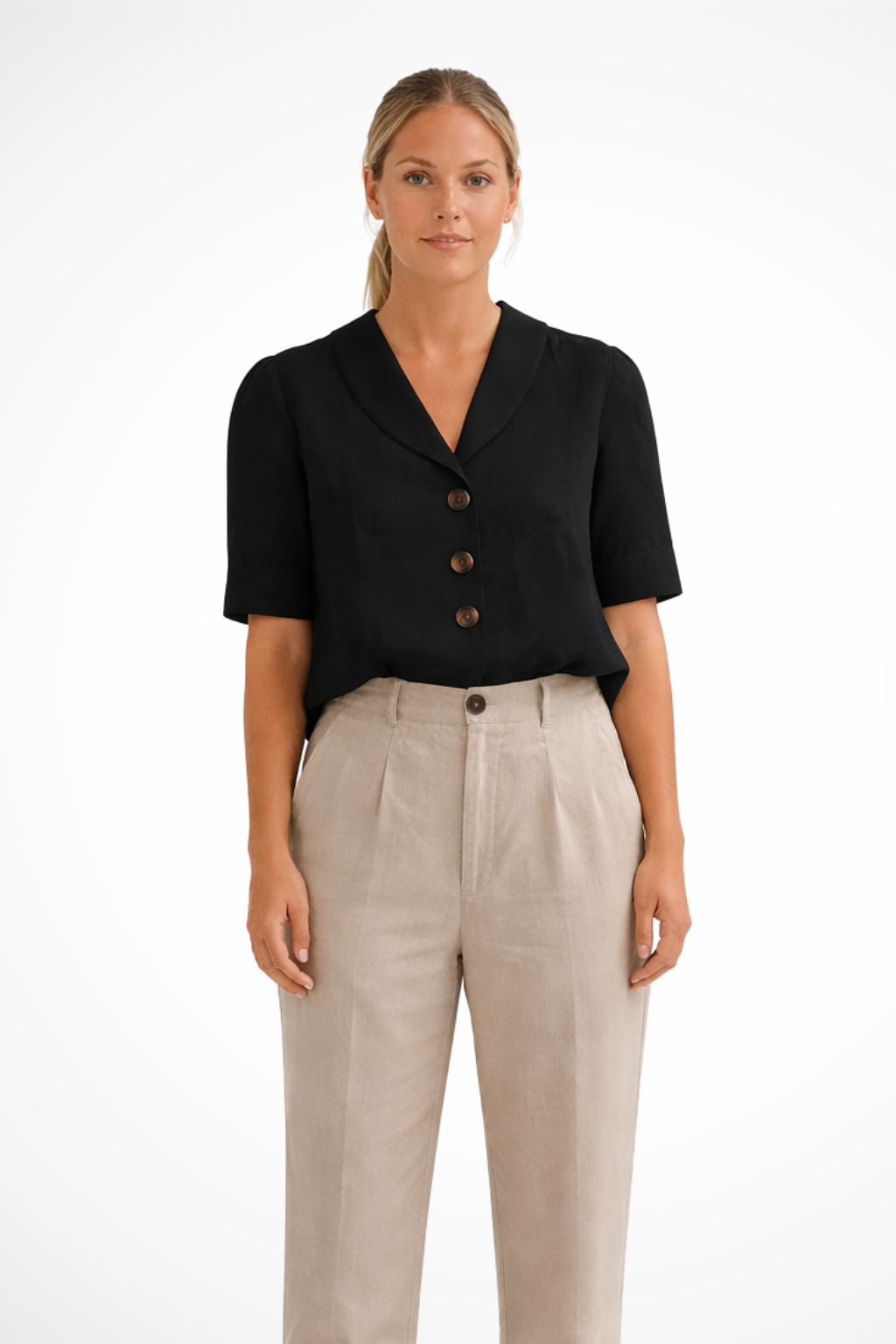 Clara Bellini | Black Button-Front Short Sleeve Blouse for Women