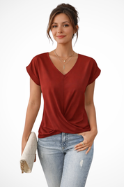 Camille Vosselair | Burgundy V-Neck Twist Hem Blouse