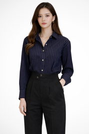 Clara Whitmore | Navy Pinstripe Long-Sleeve Shirt for Women