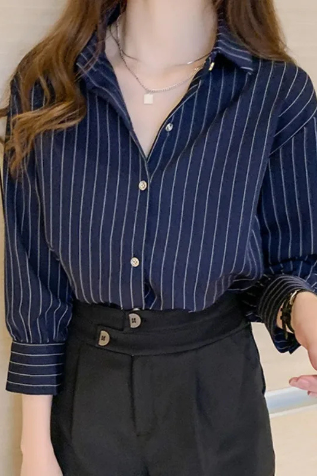 Clara Whitmore | Navy Pinstripe Long-Sleeve Shirt for Women