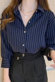 Clara Whitmore | Navy Pinstripe Long-Sleeve Shirt for Women