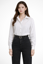 Clara Whitmore | Navy Pinstripe Long-Sleeve Shirt for Women