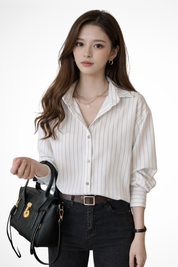 Clara Whitmore | Navy Pinstripe Long-Sleeve Shirt for Women