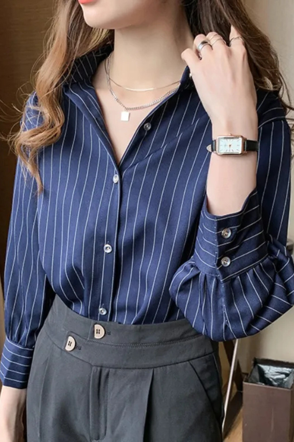 Clara Whitmore | Navy Pinstripe Long-Sleeve Shirt for Women