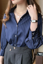 Clara Whitmore | Navy Pinstripe Long-Sleeve Shirt for Women