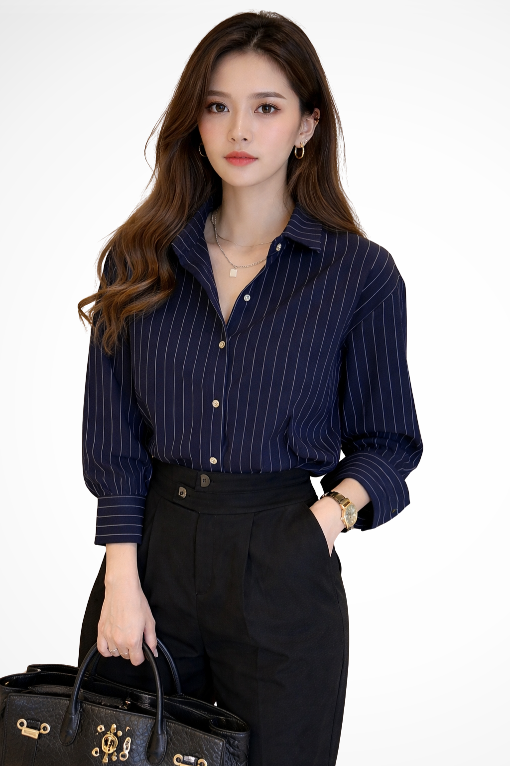 Clara Whitmore | Navy Pinstripe Long-Sleeve Shirt for Women