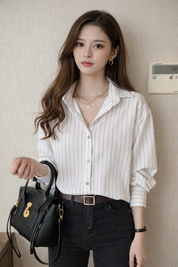 Clara Whitmore | Navy Pinstripe Long-Sleeve Shirt for Women
