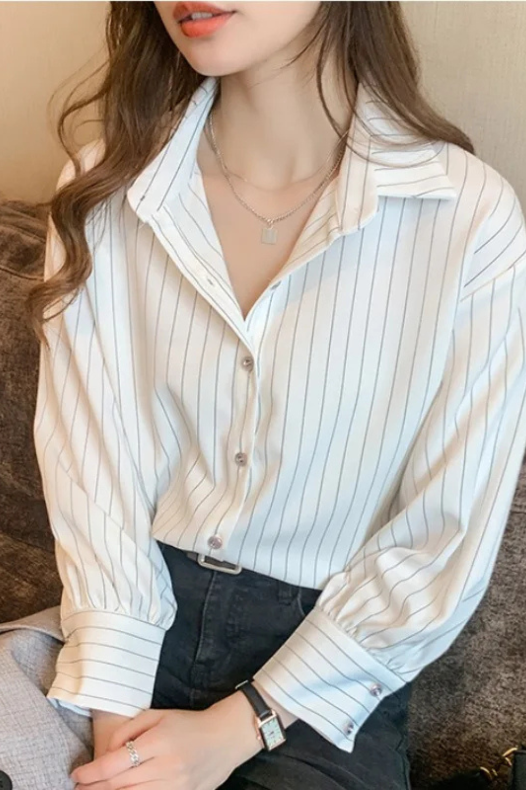 Clara Whitmore | Navy Pinstripe Long-Sleeve Shirt for Women