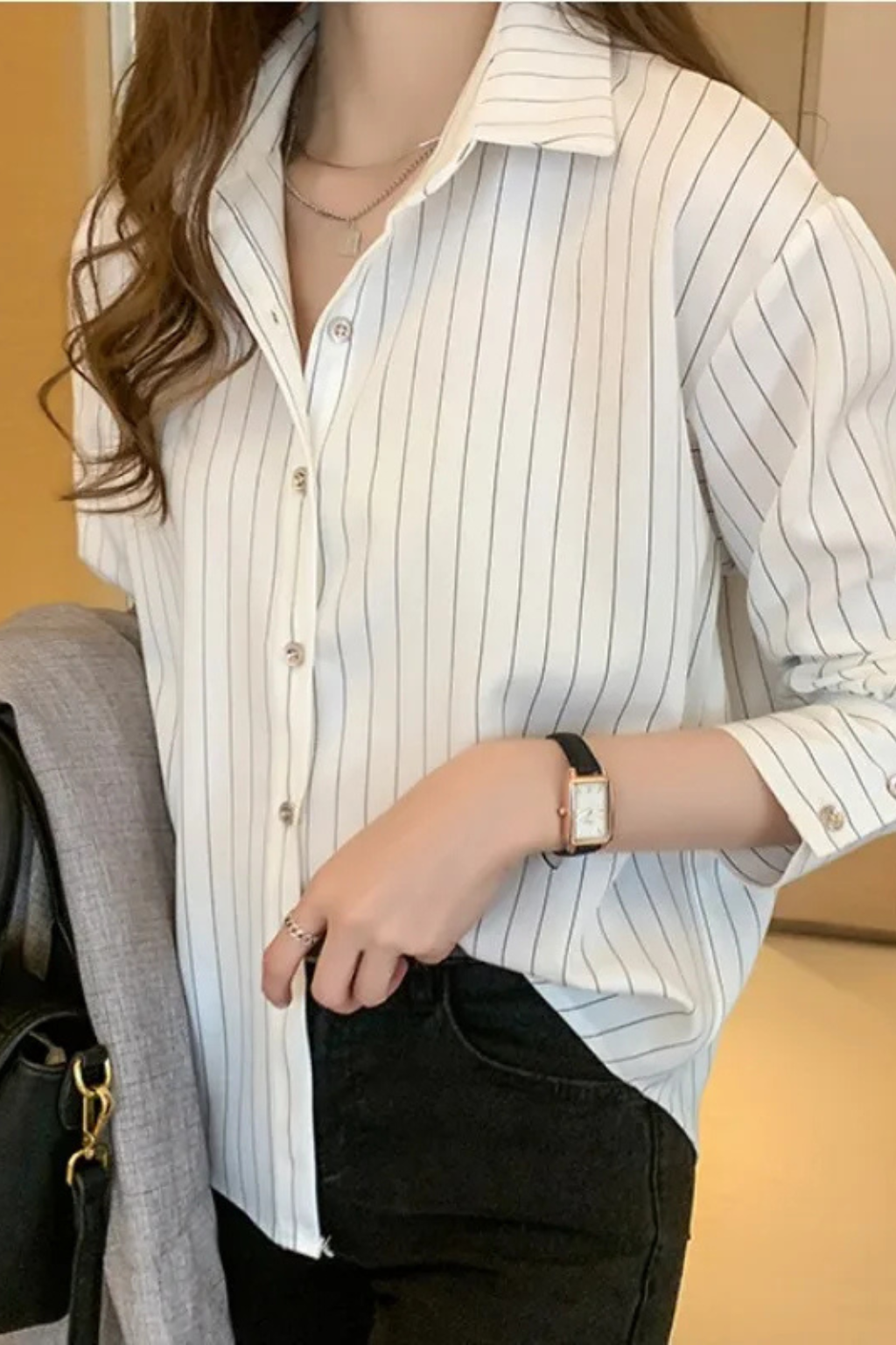 Clara Whitmore | Navy Pinstripe Long-Sleeve Shirt for Women