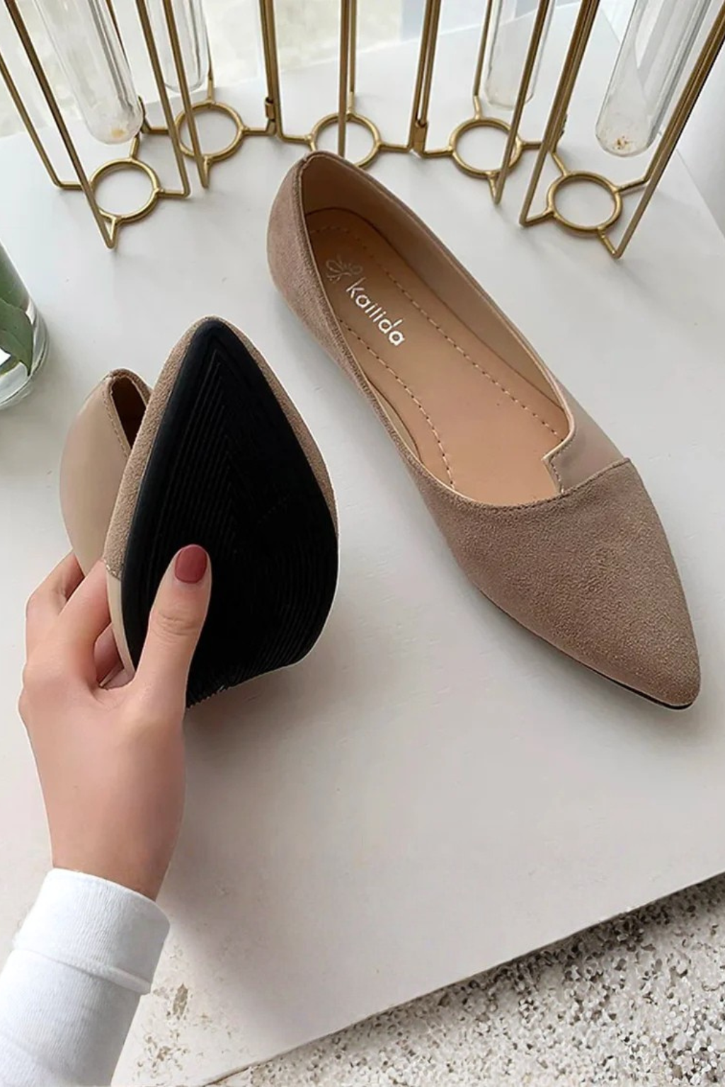 Vivienne Alcott | Two-Tone Pointed Toe Ballet Flats in Taupe