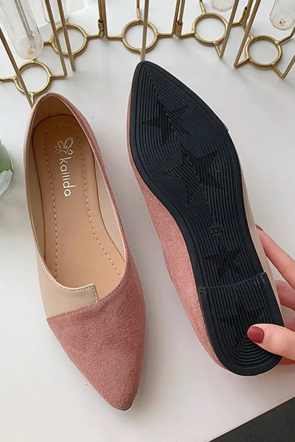 Vivienne Alcott | Two-Tone Pointed Toe Ballet Flats in Taupe
